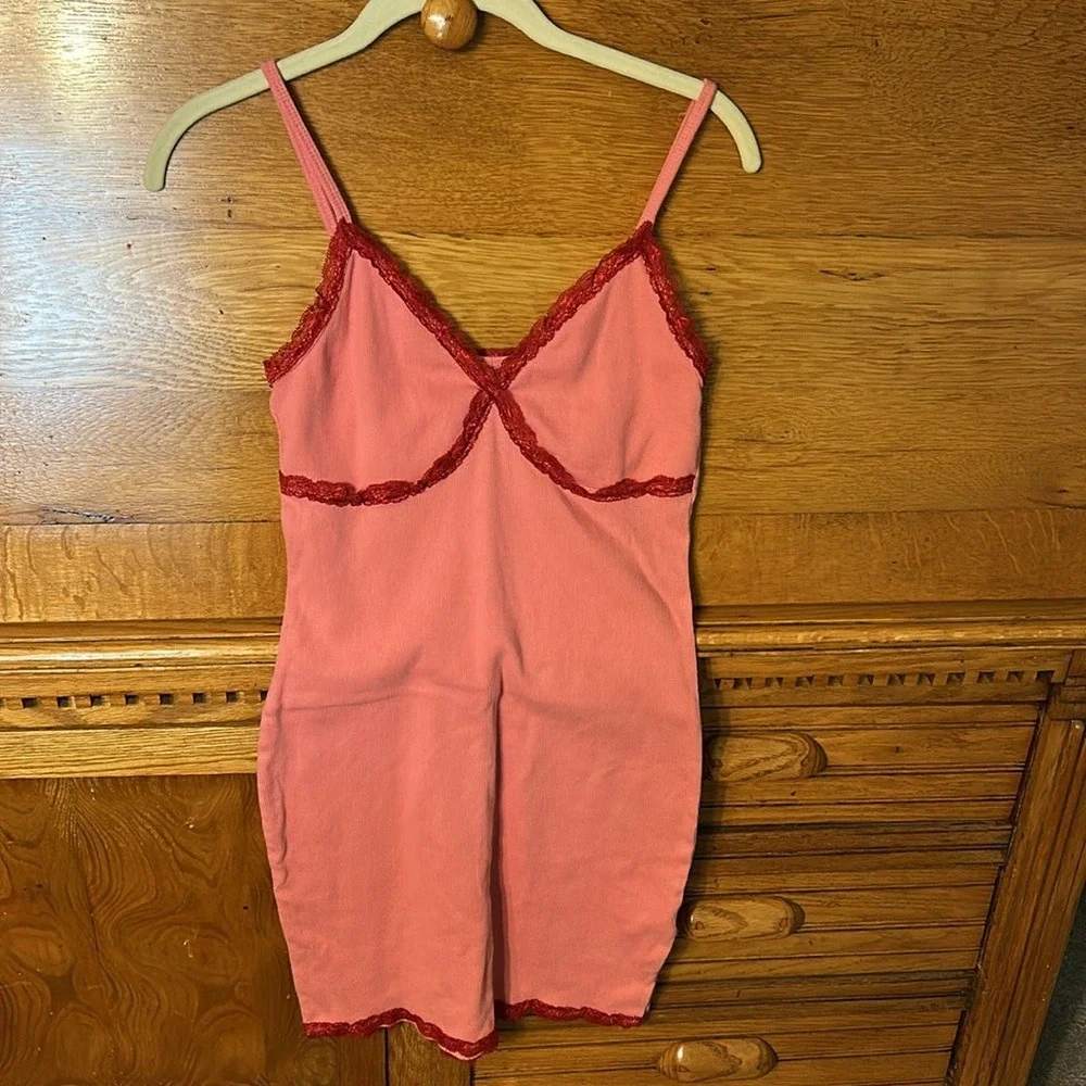 Wild Fable Coquette Babydoll Pink Ribbed‎ Lace Trim Mini Dress Concert Y2K